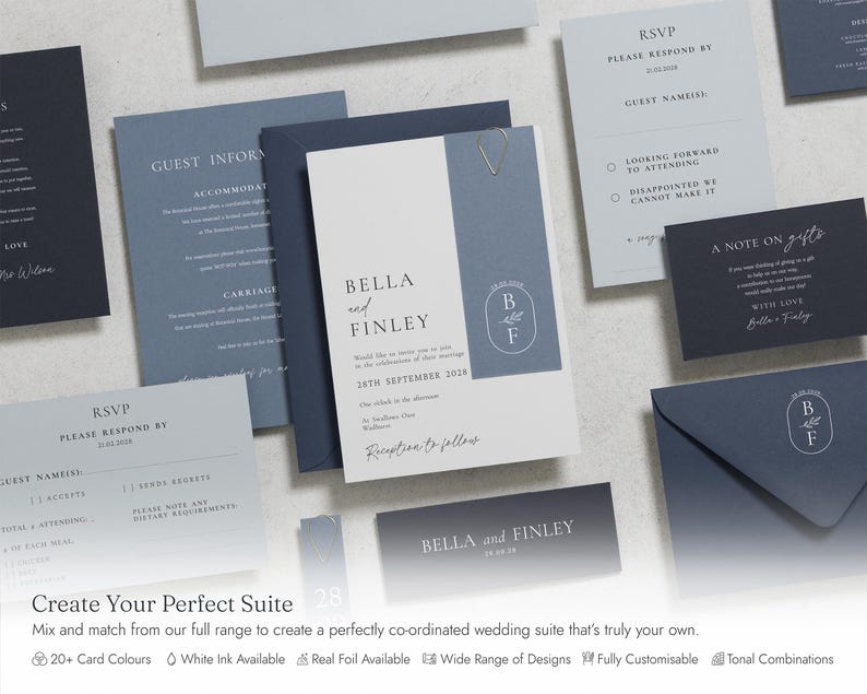 Dusty Blue Floral Wedding Invitations, Elegant Botanical Wedding Invites, Classic Garden Wedding Invitation Suite, Personalised Invites image 9
