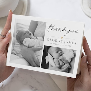 Bedankkaarten babyfoto, zwart-witbedankkaarten met foto, gepersonaliseerde bedankkaart baby, aankondigingskaarten baby, bedankbriefjes