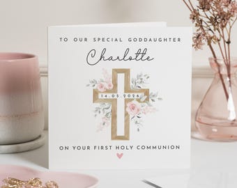 First Holy Communion Card for Goddaughter, Personalised Communion Card, Floral Cross Card, Special Goddaughter Card