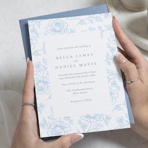 Dusty Blue Floral Wedding Invitations, Elegant Botanical Wedding Invites, Classic Garden Wedding Invitation Suite, Personalised Invites image 1
