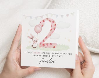 2nd Birthday Card for Granddaughter, Personalised Bunny Birthday Card, Cute Second Birthday Card for Girl