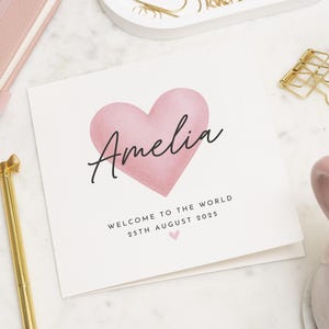 Gepersonaliseerde nieuwe babykaart, Welcome To The World-kaart, kaart meisje, aangepaste naam babykaart, nieuwe babykaart voor dochter, kaart roze hart