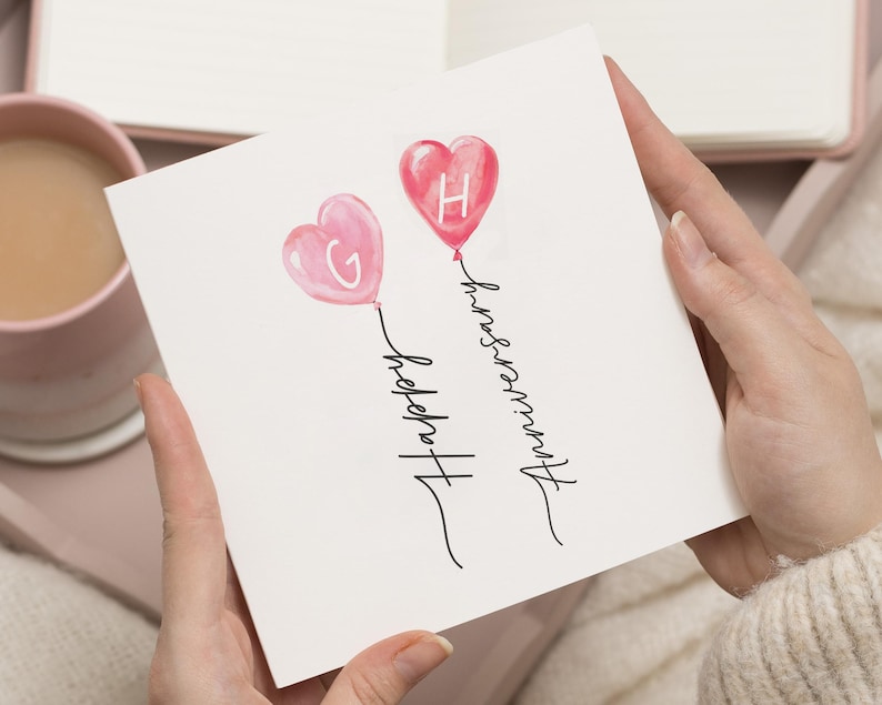 Carte d'anniversaire, carte d'anniversaire personnalisée, carte romantique pour couple, carte initiales personnalisées, jolie carte d'anniversaire pour lui ou elle image 1