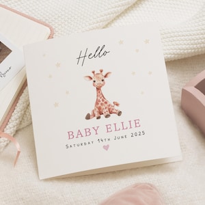 New Baby Card, Personalised Baby Girl Card, Giraffe Baby Card, Baby Announcement Card, Custom New Baby Card, Baby Girl Gift