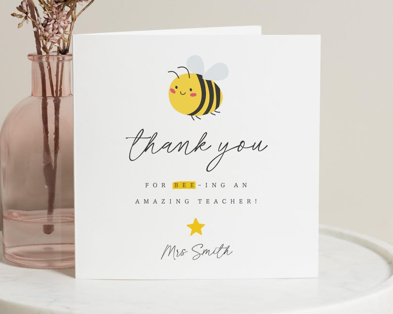 Carte de remerciement professeur, carte de remerciement abeille, carte de professeur personnalisée, carte de fin d'année, jolie carte de remerciement pour professeur image 1