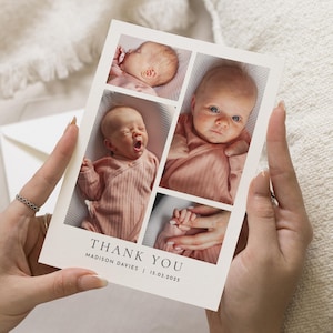 Cartes de remerciement modifiables pour nouveau-né, carte de remerciement pour nouveau-né fille, carte postale de remerciement personnalisée, nouveau-né, carte de remerciement