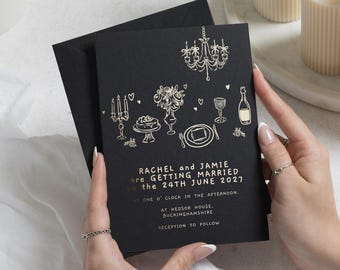 Invitaciones de boda con detalles dorados, invitaciones de boda negras, invitación de boda ilustrada para celebración, invitación moderna personalizada.