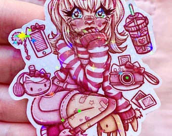 Adesivo glitterato olografico con gattina rosa kawaii: laptop, diario