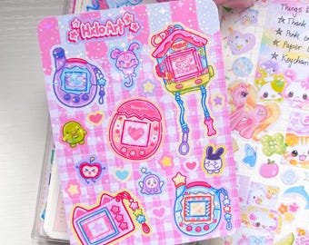 Arkusz naklejek holograficznych Tamagotchi w stylu vintage: dziewczęca dekoracja do dziennika i albumu