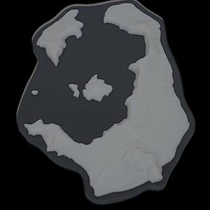 May include: A gray and black 3D-rendered map of an island with a dark gray background. The island has a light gray, textured surface with a darker gray border. Several smaller islands are also visible.
