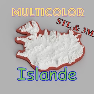 Puede incluir: Modelo impreso en 3D de Islandia, con borde rojo e interior blanco texturizado. El texto "MULTICOLOR", "STL & 3MF" e "Islande" está incluido en la imagen.