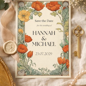 May include: A vintage-style wedding invitation with floral accents. The invitation features the text "Save the Date" and the names "HANNAH & MICHAEL" along with the date "23.07.2029". The design includes orange and yellow flowers.