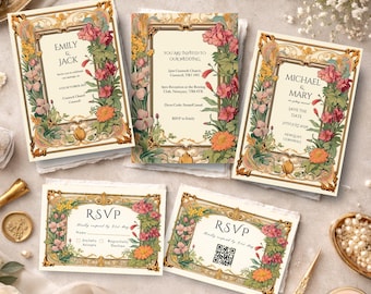 May include: Elegant wedding invitation suite featuring floral designs and ornate gold frames. Includes invitation cards, RSVP cards, and a "Save the Date" card. The cards feature names and event details.