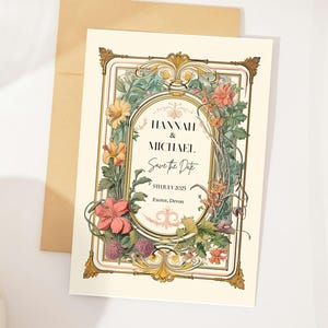 Puede incluir: Una invitación de boda de estilo vintage con ilustraciones florales y botánicas. La invitación presenta los nombres "Hannah & Michael" y el texto "Save the Date" con la fecha "5th July 2025" y la ubicación "Exeter, Devon".