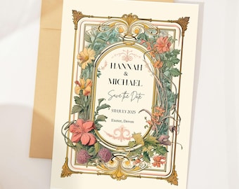 May include: A vintage-style wedding invitation with floral and botanical illustrations. The invitation features the names "Hannah & Michael" and the text "Save the Date" with the date "5th July 2025" and the location "Exeter, Devon".