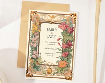 Vintage Flower Art Nouveau Wedding Invitation Template (Digital Download)
