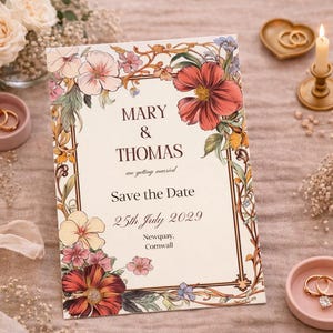 Art Nouveau Floral Save the Date Template for Vintage Botanical Wedding (Digital Template)
