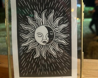 Sleeping Sun Lino Print, A5 Celestial Art