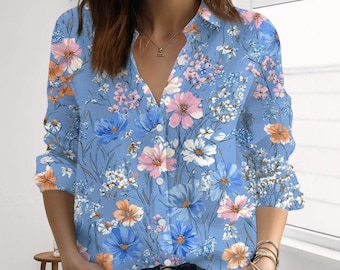 Wildflower Floral Blouse Shirt, Boho Wildflower Long Sleeve Casual Shirt for Women, Botanical Garden Top, Nature Lover Gift for Women
