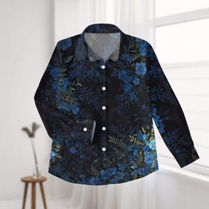 Blue Floral Linen-Look Shirt, Botanical Blouse Shirt, Nature Summer Vacation Top, Gardening Casual Shirt For Her, Cottagecore Gift Idea