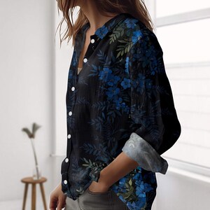 Blue Floral Linen-Look Shirt, Botanical Blouse Shirt, Nature Summer Vacation Top, Gardening Casual Shirt For Her, Cottagecore Gift Idea