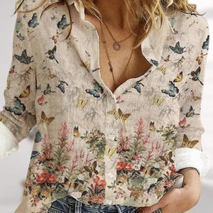 Floral Flower Blouse Shirt, Nature Love Casual Shirt, Retro Butterflies Tops Women, Boho Women Shirt For Summer, Gift For Her