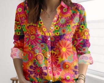 Colorful Floral Blouse Shirt, Retro Boho Floral Women Shirt, Hippie Summer Shirt, Nature Love Button Shirt, Mothers Day Gifts