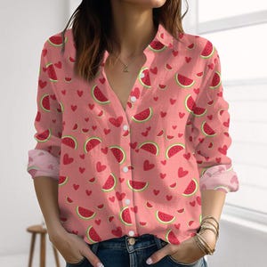Watermelon Linen-Look Shirt, Fruit Print Casual Shirt, Colorful Fruit Women Shirt, Spring Spirit Blouse Shirts, Melon Shirt For Summer