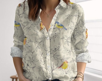 Birds Floral Blouse Shirt, Nature Inspired Shirt For Women, Retro Botanical Casual Shirt, Gardening Shirt, Vacation Gift for Her