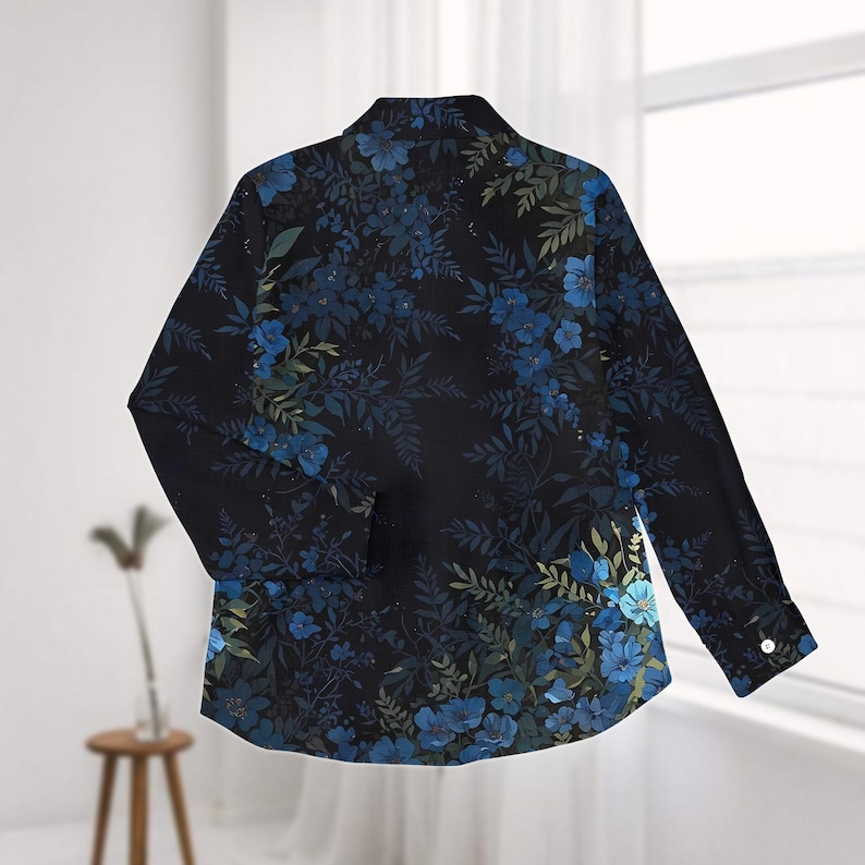 Blue Floral Linen-Look Shirt, Botanical Blouse Shirt, Nature Summer Vacation Top, Gardening Casual Shirt For Her, Cottagecore Gift Idea