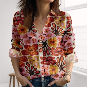 Retro Floral Blouse Shirt, 70s Pink Orange Brown Flower Vacation Shirt, Groovy Button Down Top, Vintage Boho Fall Shirt For Women