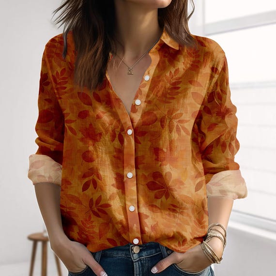 womens burnt orange dress shirt Jxximdong Button Up Shirts Women Womens Daily Casual Linen Shirts Long Sleeve Shirts Tops Casual Blouses Loose Fit Shirt Orange Spring Tops S