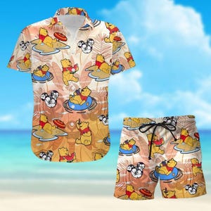 Camisa con botones de Winnie the Pooh, pantalones cortos de playa, camisa hawaiana retro de Pooh, camisa de vacaciones de Disney 2025, atuendo de verano de dibujos animados para hombre y mujer