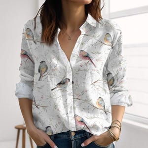 Bird Print Linen-Look Shirt, Botanical Blouse Shirt, Nature Summer Vacation Top, Cottagecore Garden Shirt Women, Vacation Shirt For Her