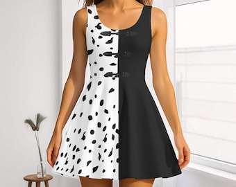 Cruella de Vil Cosplay Skater Dress, Disney Villain Costume Dress, Dalmatian 101 Dress, Disney Cosplay Halloween Dress, Gift For Her
