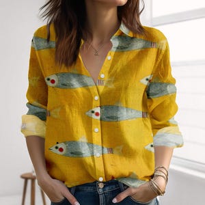 Fish Pattern Blouse Shirt, Nautical Coastal Women Shirt, Vintage Marine Life Vacation Shirt, Summer Casual Shirt, Gift For Her