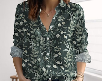 Retro Floral Linen-Look Shirt, Nature Love Blouse Shirt, Gardening Casual Tops, Flower Leaf Button Shirt For Women, Summer Gifts