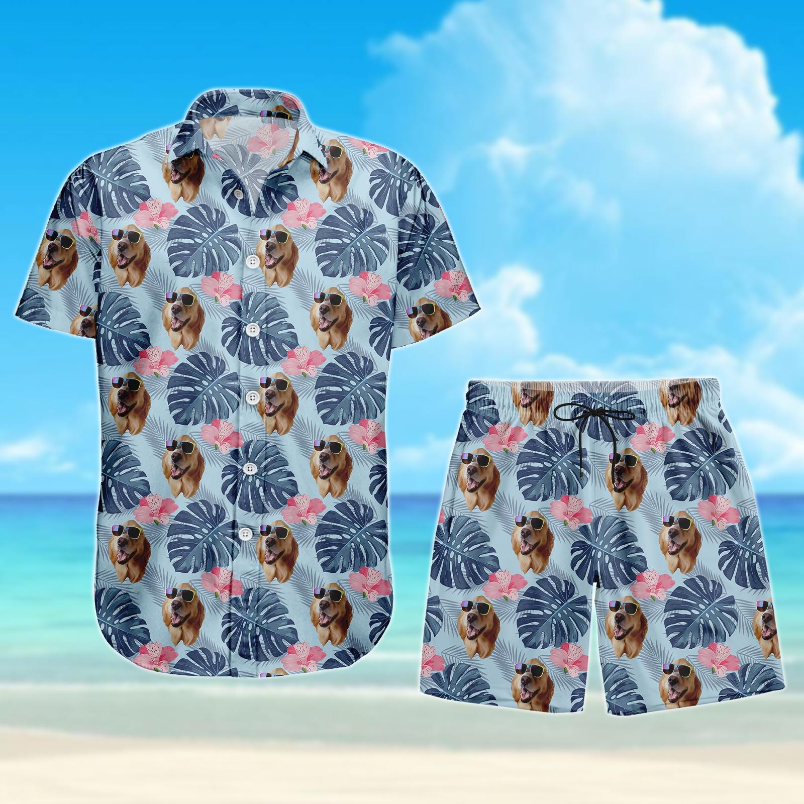Discover Golden Retriever Dog Button Shirt, Dog And Flower Hawaiian Shirt, Beach Shorts Men, Summer Vacation Outfit, Cute Dog Print Matching Set