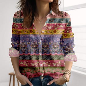 Floral Patchwork Blouse Shirt, Boho Stripe Women Shirt, Cottagecore Shirt, Colorful Folk Art Casual Shirt, Summer Women Tops