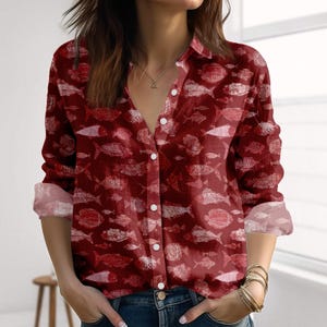 Vintage Fish Pattern Blouse, Sea Animal Maroon Red Long Sleeve Shirt, Marine Life Summer Shirt For Women, Vacation Casual Tops