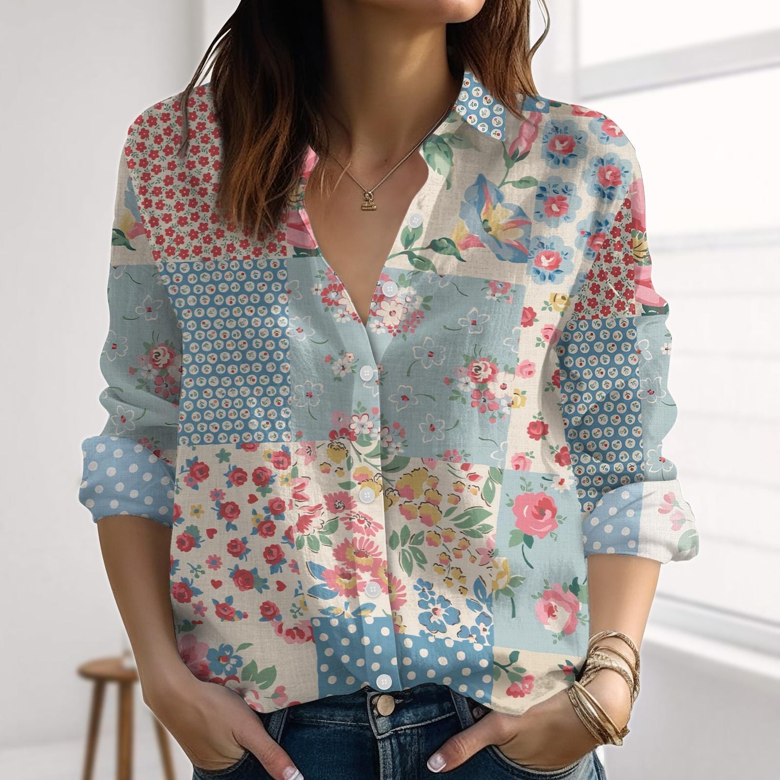 Retro Wildflowerl Linen-Look Shirt, Cottagecore Blouses Shirt, Nature Love Casual Shirt, Vintage Floral Women Shirt, Vacation 2025 Gift