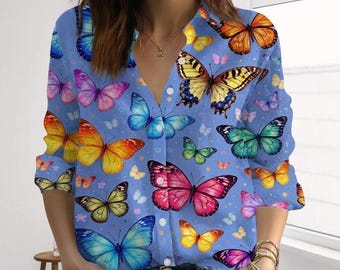 Colorful Butterfly Blouse, Boho Butterfly Long Sleeve Shirt, Whimsical Garden Casual Top, Nature Inspired Gift, Vibrant Summer Shirt