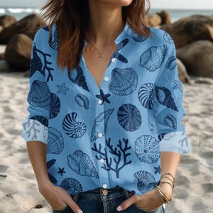 Coastal Shells Blouse, Sea Life Pattern Boho Casual Shirt, Ocean Beach Long Sleeve Top, Nautical Shirt, Summer Vacation Gift for Mom