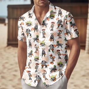 Halloween Toy Story Hawaiian Shirt, Woody Buzz Skeleton Button Shirt, Disney Halloween Men Shirt, Spooky Disneyland Vacation Outfit