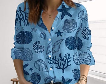 Blusa con estampado de conchas marinas, camisa boho casual con estampado de vida marina, top de manga larga estilo playa, camisa náutica, regalo de verano para mamá