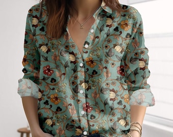 Vintage Baroque Floral Blouse Shirt, Retro Botanical Summer Shirt, Fall Aesthetic Shirt For Women, Elegant Halloween Casual Shirt