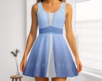 Elsa Princess Cosplay Skater Dress, Frozen Queen Cosplay Dress, Disney Princess Costume Dress, Blue Snowflake Dress, Halloween Gift