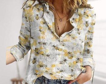Retro Honey Bee Blouse Shirt, Vintage Bee Floral Casual Shirt, Nature Love Tops Women, Flower Shirt, Summer Button Shirt