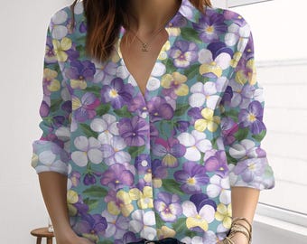 Floral Summer Linen-Look Shirt, Cottagecore Blouses Tops, Nature Love Casual Shirt, Gardening Women Shirt, Boho Shirt, Summer Gift For Her