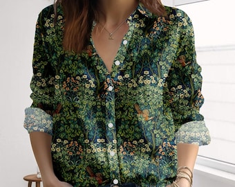 Vintage Forest Garden Pattern Blouse, Green Botanical Floral Bird Graphic Long Sleeve Shirt, Summer Shirt For Women, Vacation Outfit